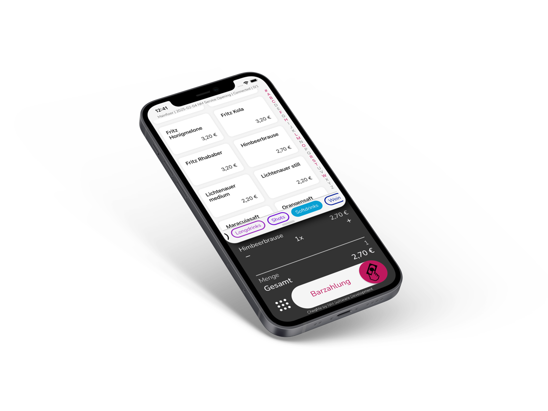 CheqMe Kassen-App auf einem iPhone mit Artikelauswahl und Kartenzahlung