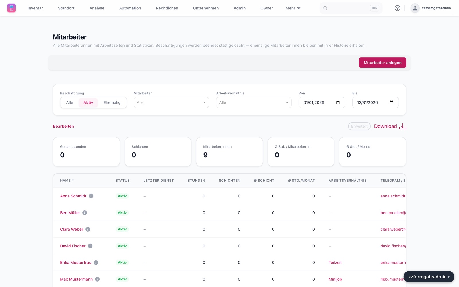 Mitarbeiterübersicht der CheqMe Web-App mit Arbeitszeiten und Arbeitsverhältnissen